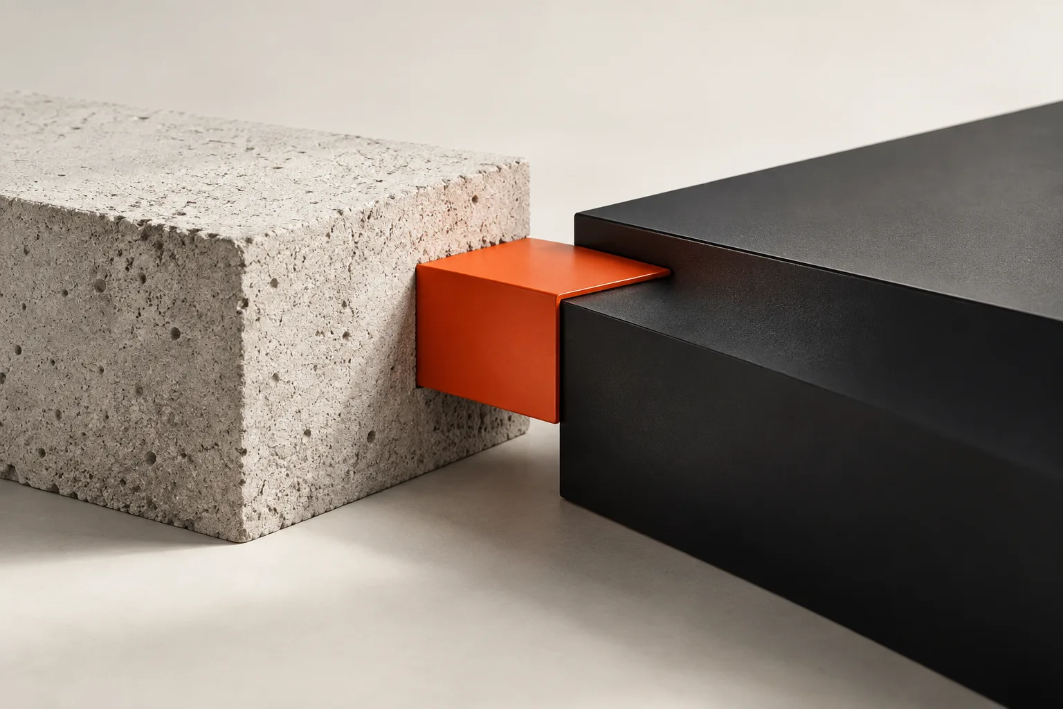A concrete block and a black block joined by an orange connecting piece.