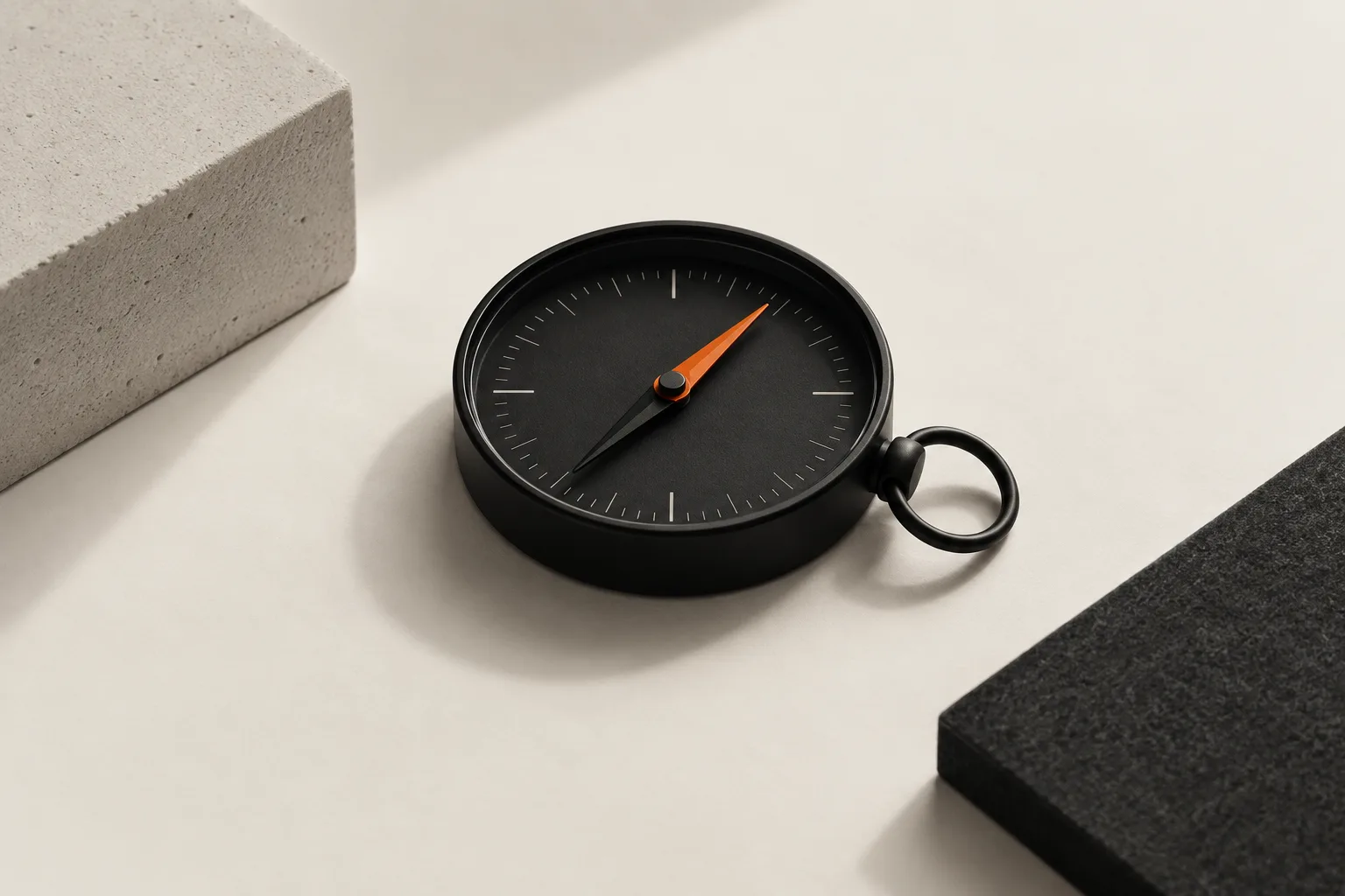 A matte black compass with an orange needle: choosing a direction.
