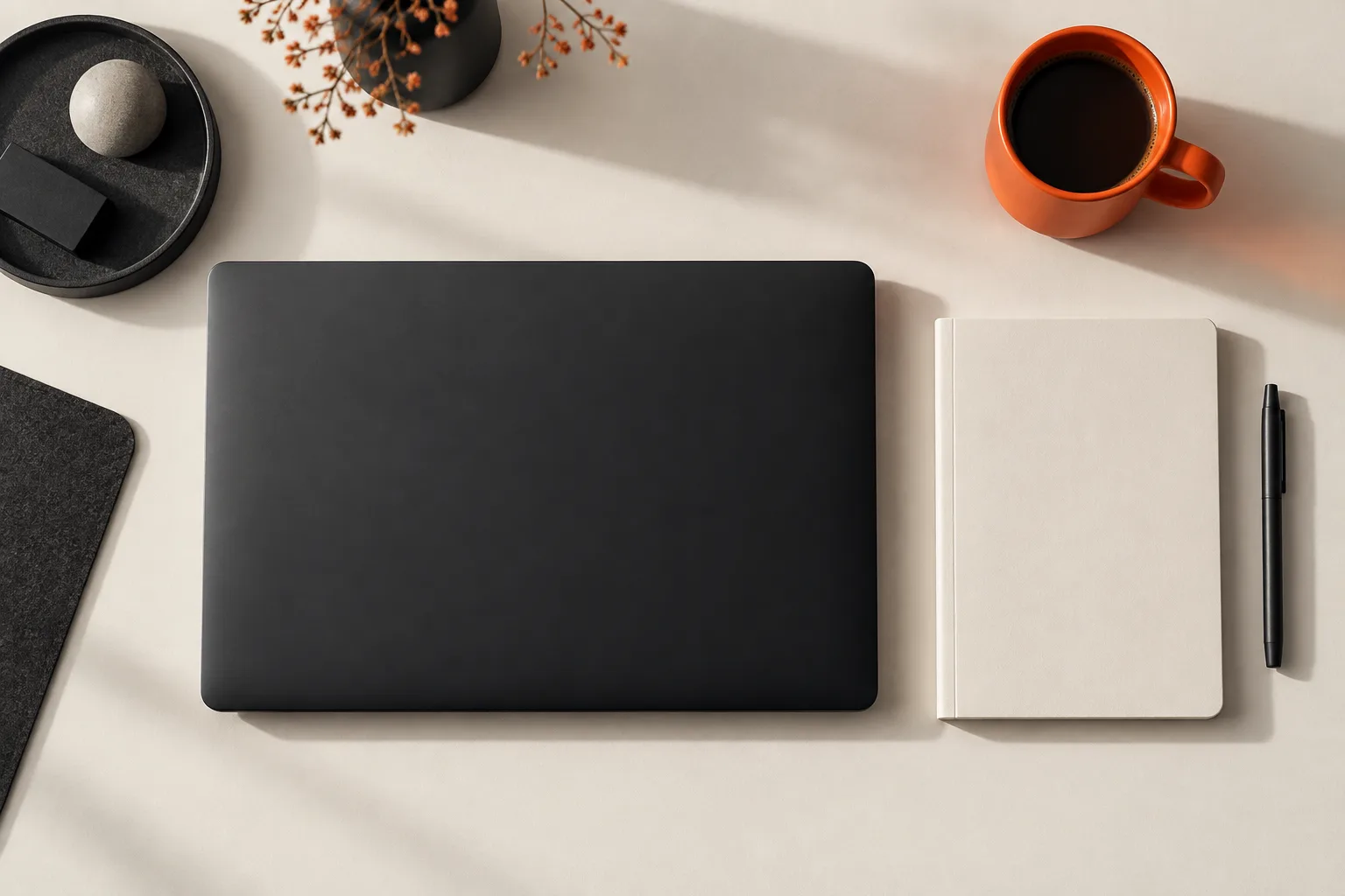 A tidy desk from above with a closed black laptop, a notebook and an orange mug.