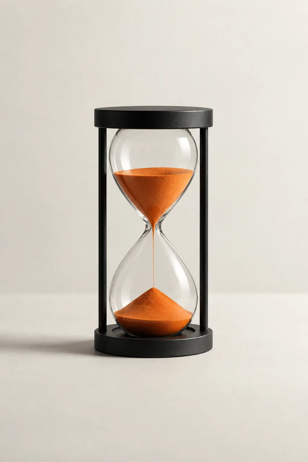An hourglass with a black frame and orange sand: time to hire.