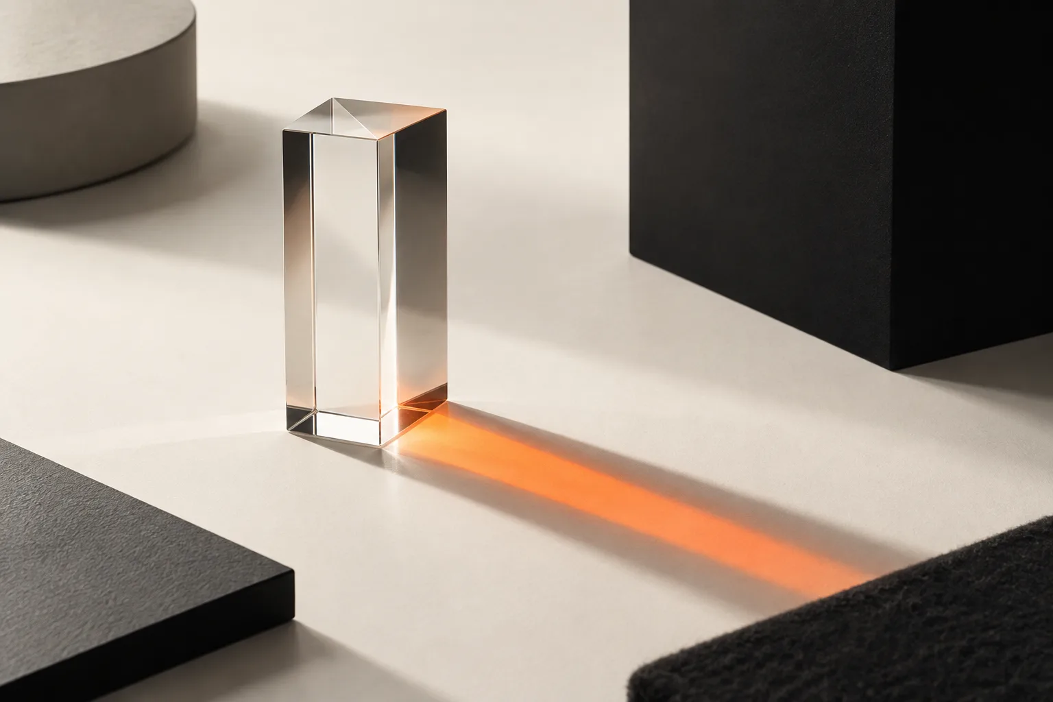 A clear glass prism casting an orange streak of light: insight.