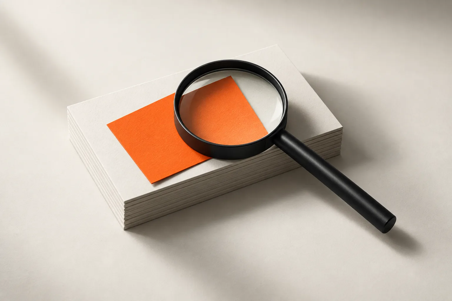 A black magnifying glass over a stack of cards, one orange card under the lens: searching the market.