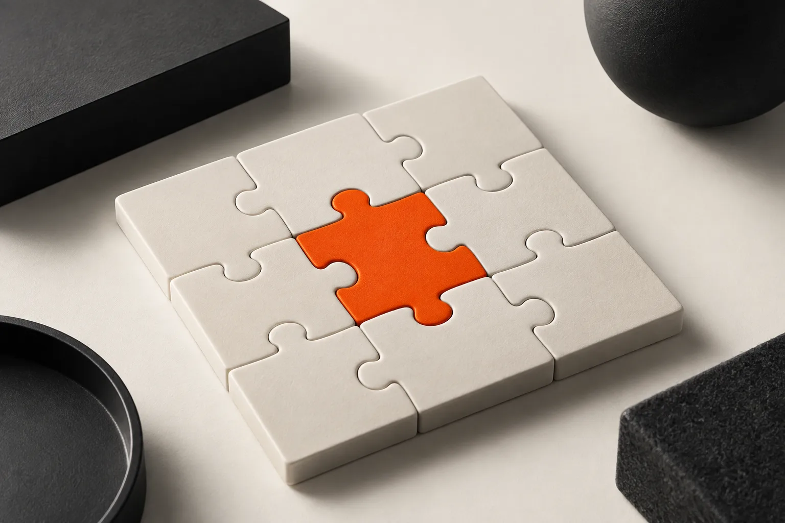 White puzzle pieces with the last fitting piece in orange: a connection that fits.