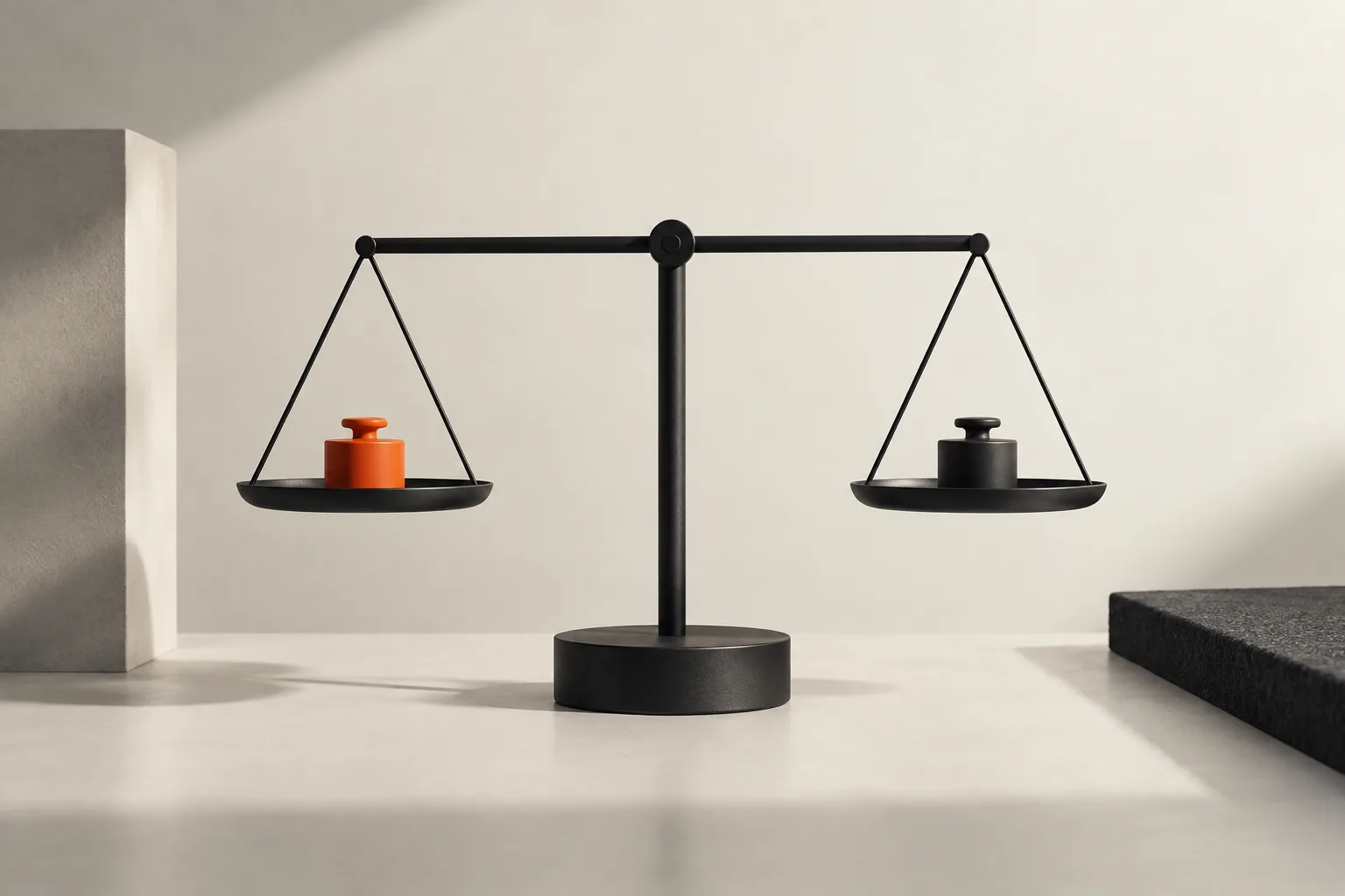 A black balance scale in equilibrium with one small orange weight: a reasoned choice.