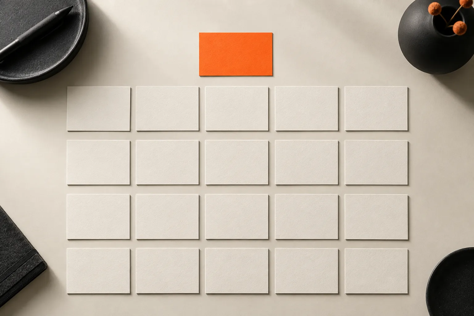 White cards laid out in neat rows with one orange card placed above them: a shortlist.