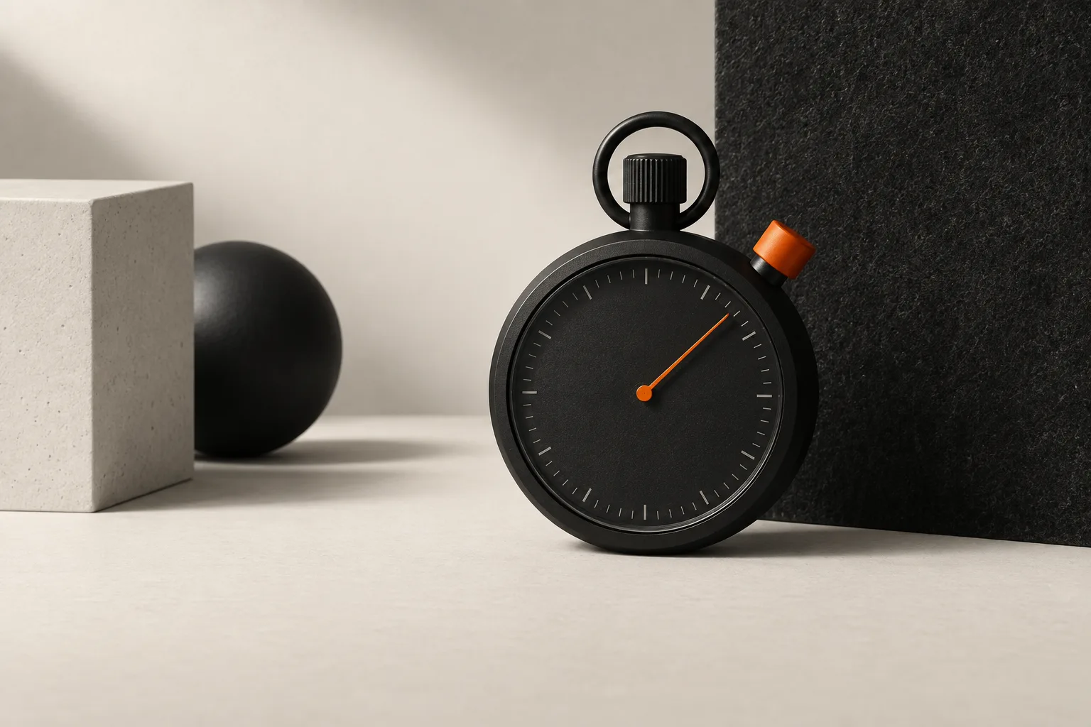 A matte black stopwatch with an orange hand: speed.