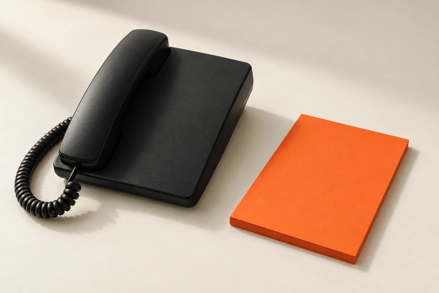 A black desk telephone next to an orange notepad.