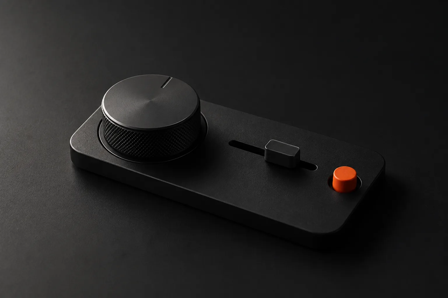 A black control panel with a dial, a slider and an orange button: people stay in control.