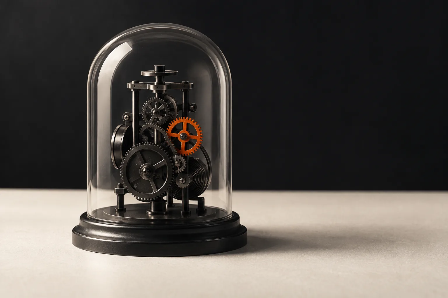 A clockwork mechanism under a glass dome with one orange gear.