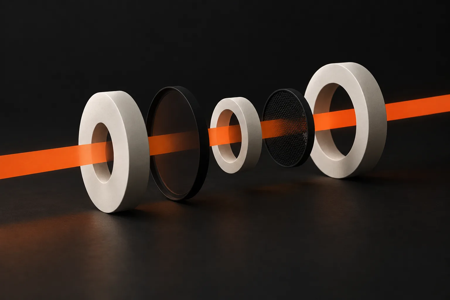 An orange beam of light passing through a row of white and black rings.