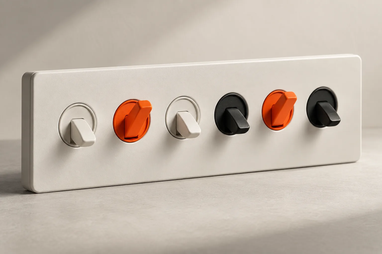 A white panel of switches, two of them orange.