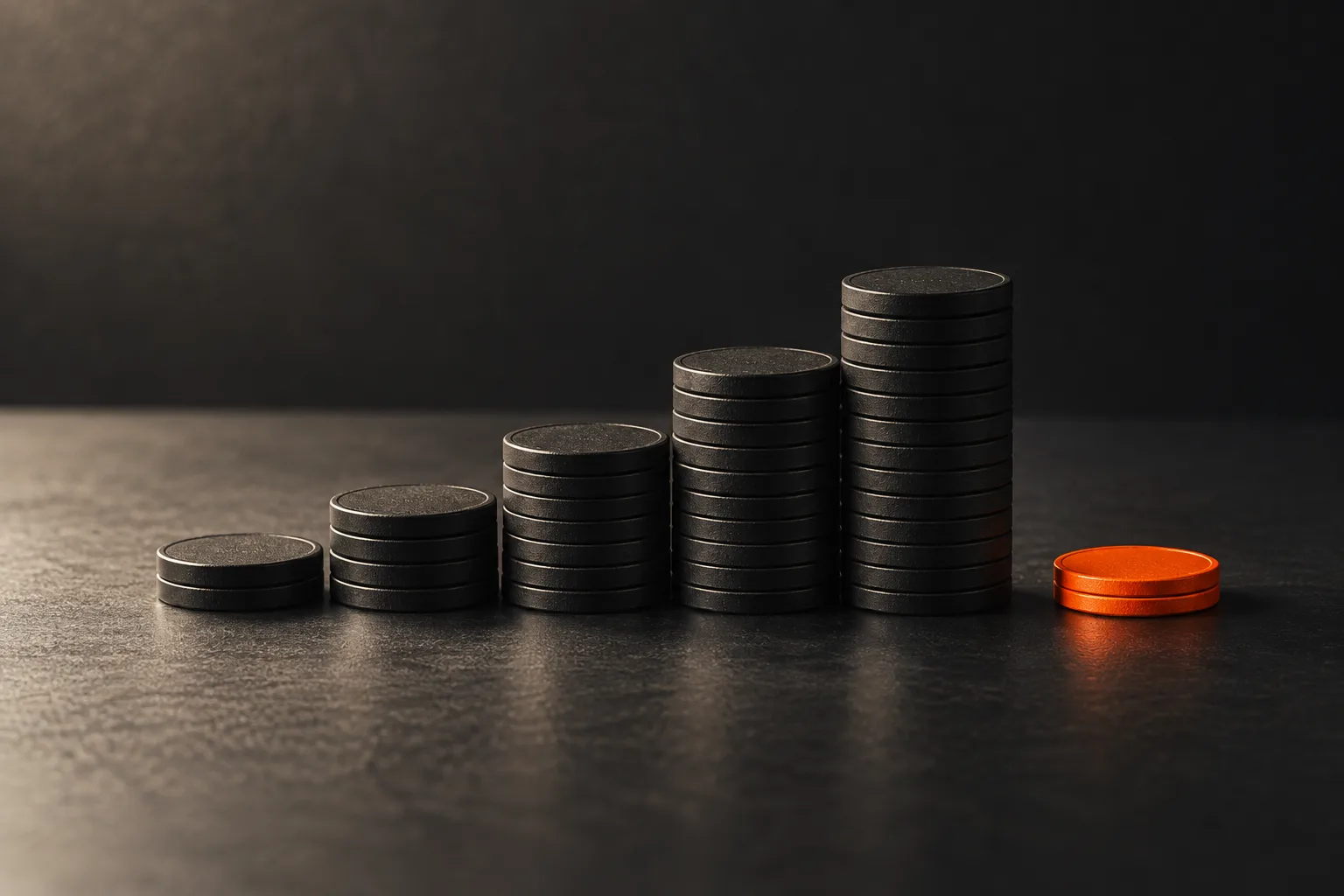 Rising stacks of black coins with one orange coin lying apart.