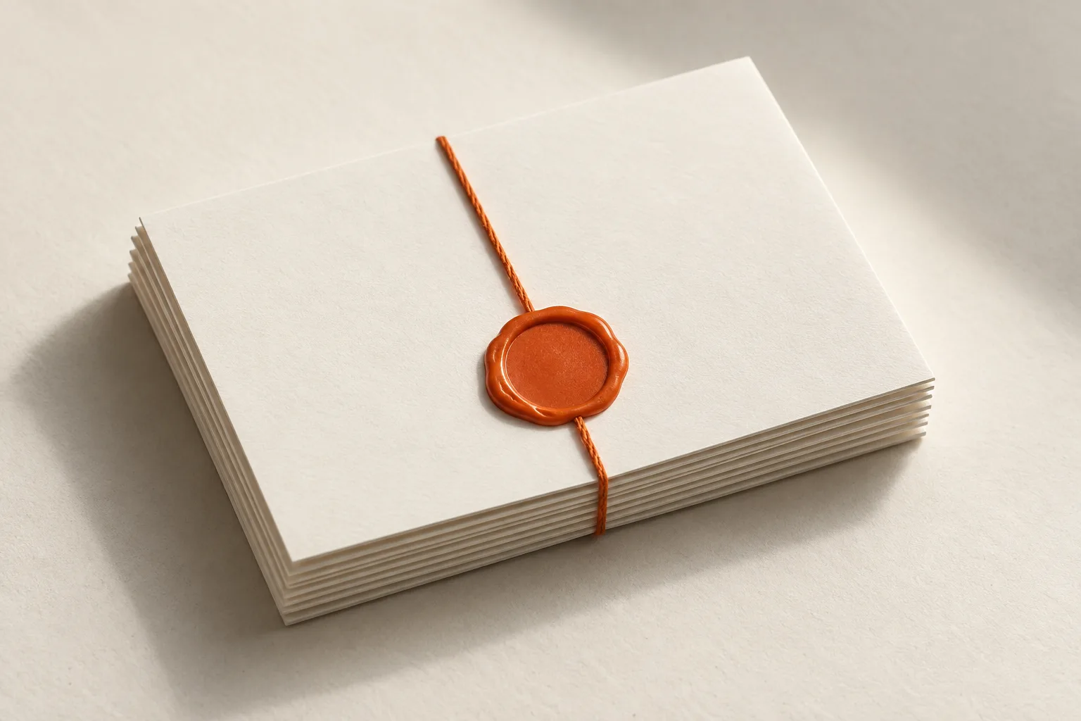 A stack of cards tied with orange string and an orange wax seal.