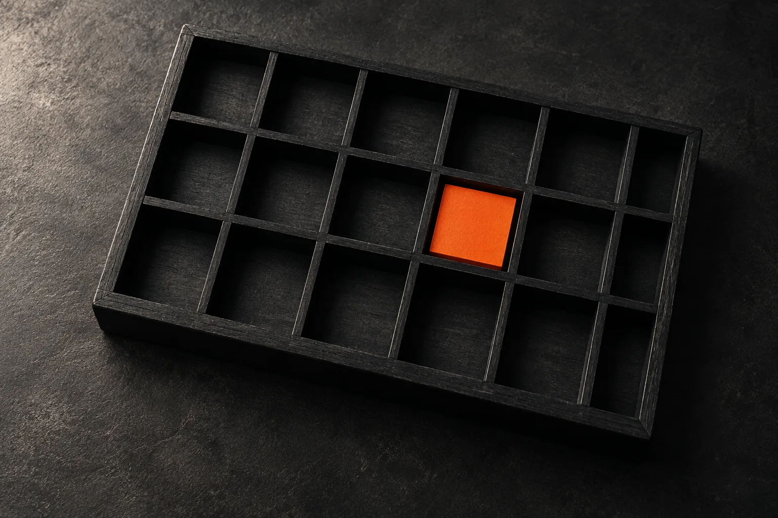 A black type case with a single orange block in one compartment.