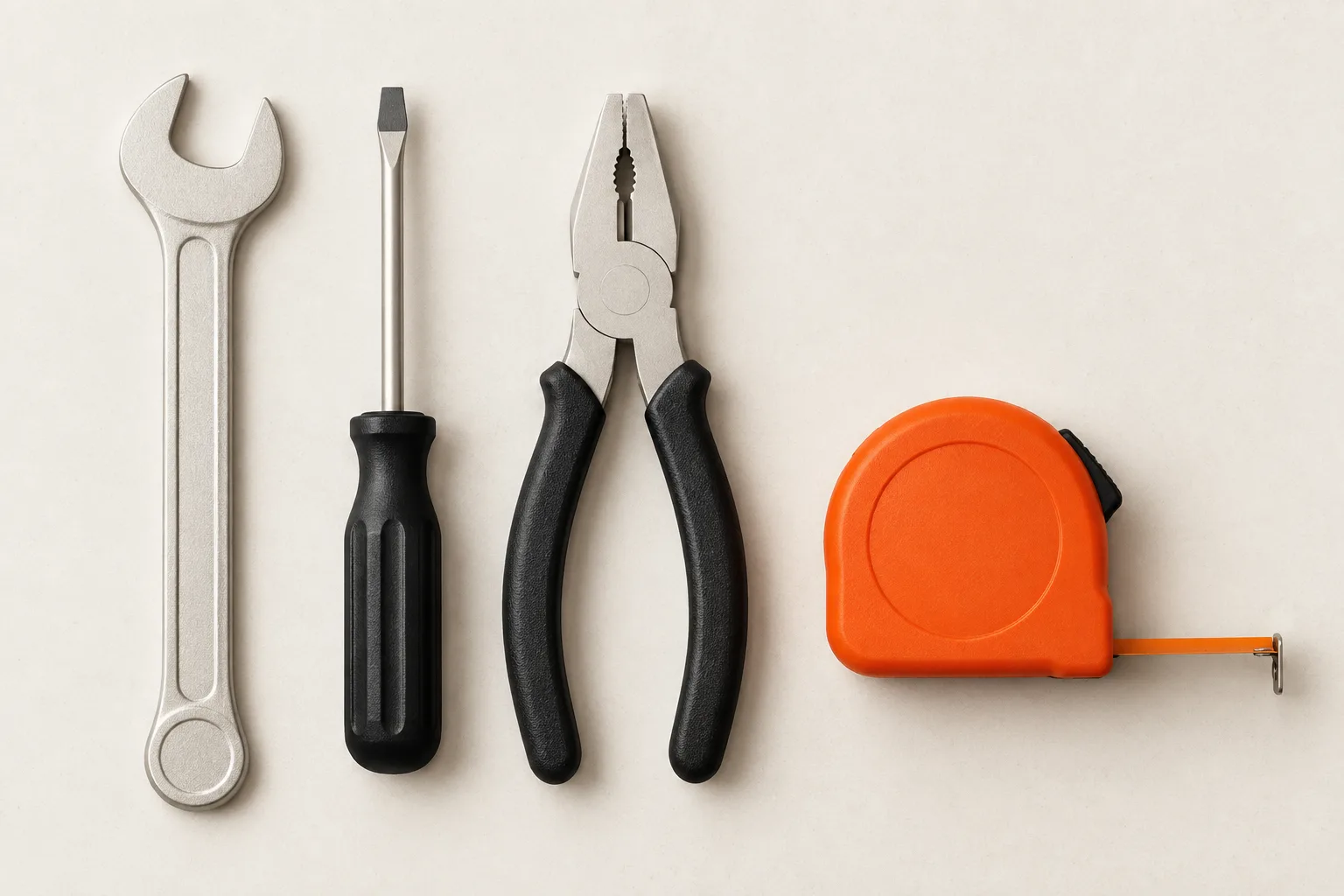A wrench, a screwdriver, pliers and an orange tape measure laid out in a row.