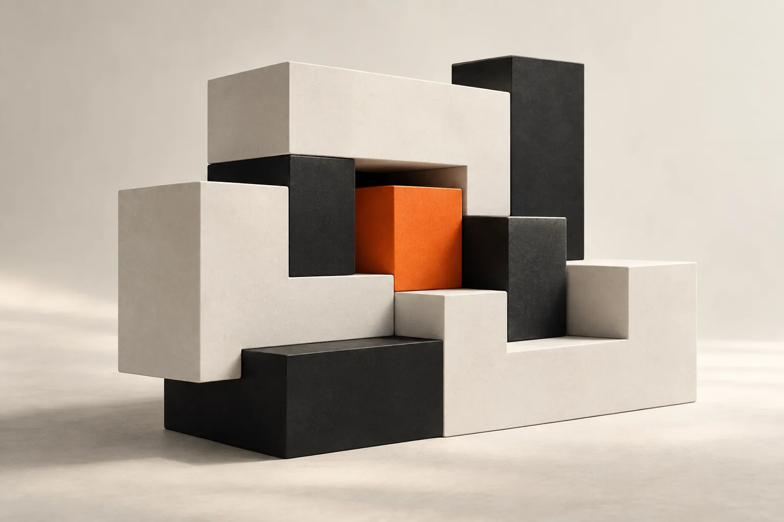 Modular white and black blocks around an orange core.