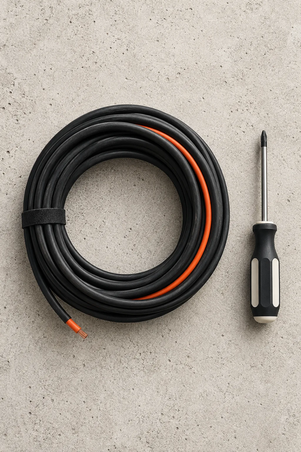 A coiled black cable with an orange core next to a screwdriver.