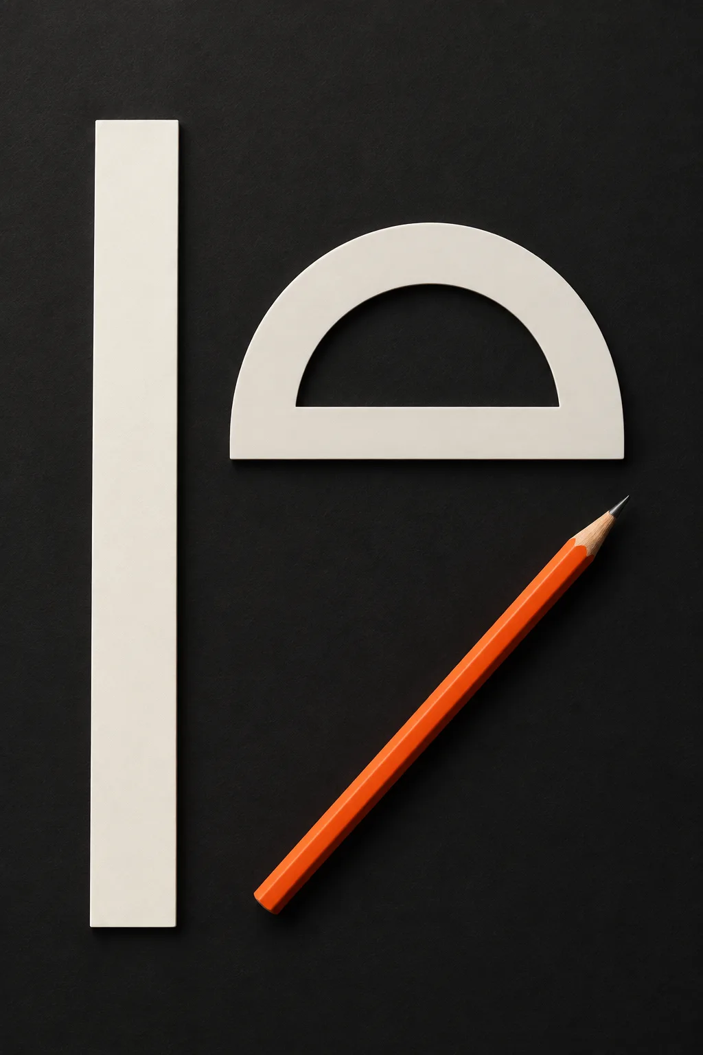 A ruler, a protractor and an orange pencil on a black surface.