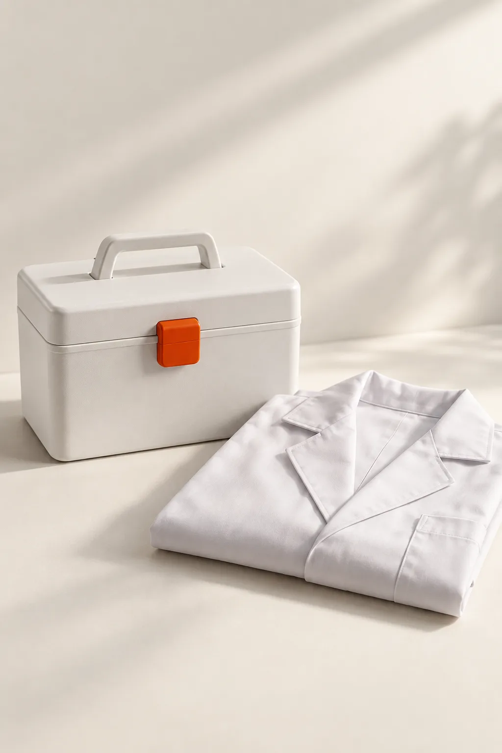 A white first aid box with an orange clasp next to a folded white coat.