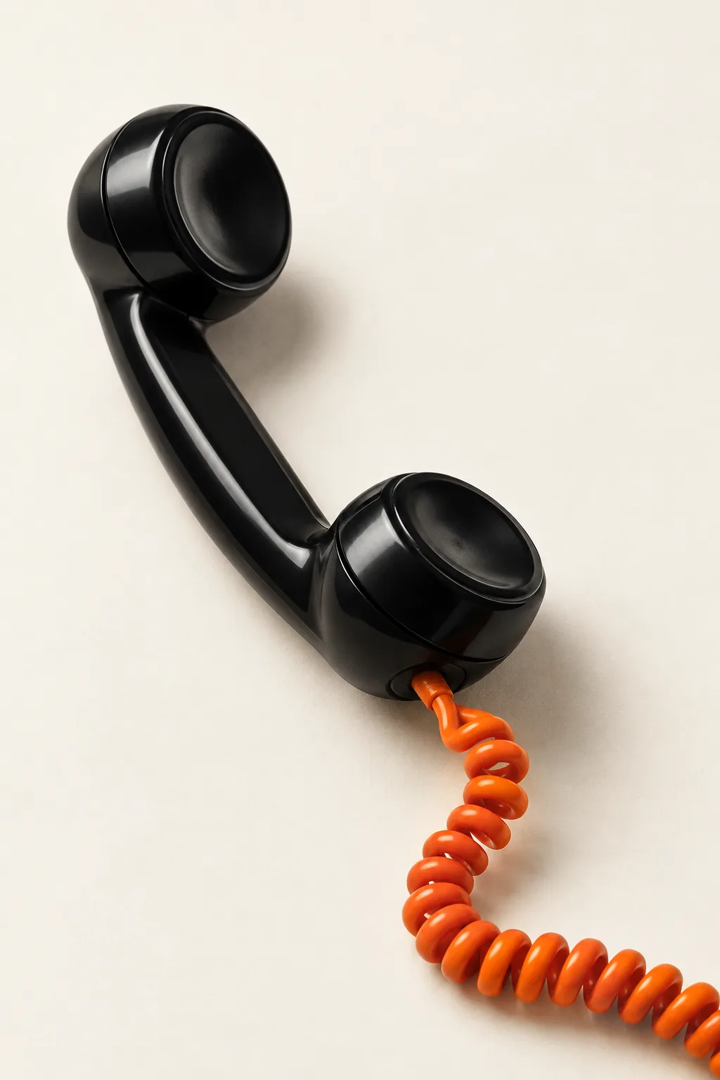 A black telephone handset with an orange coiled cord.
