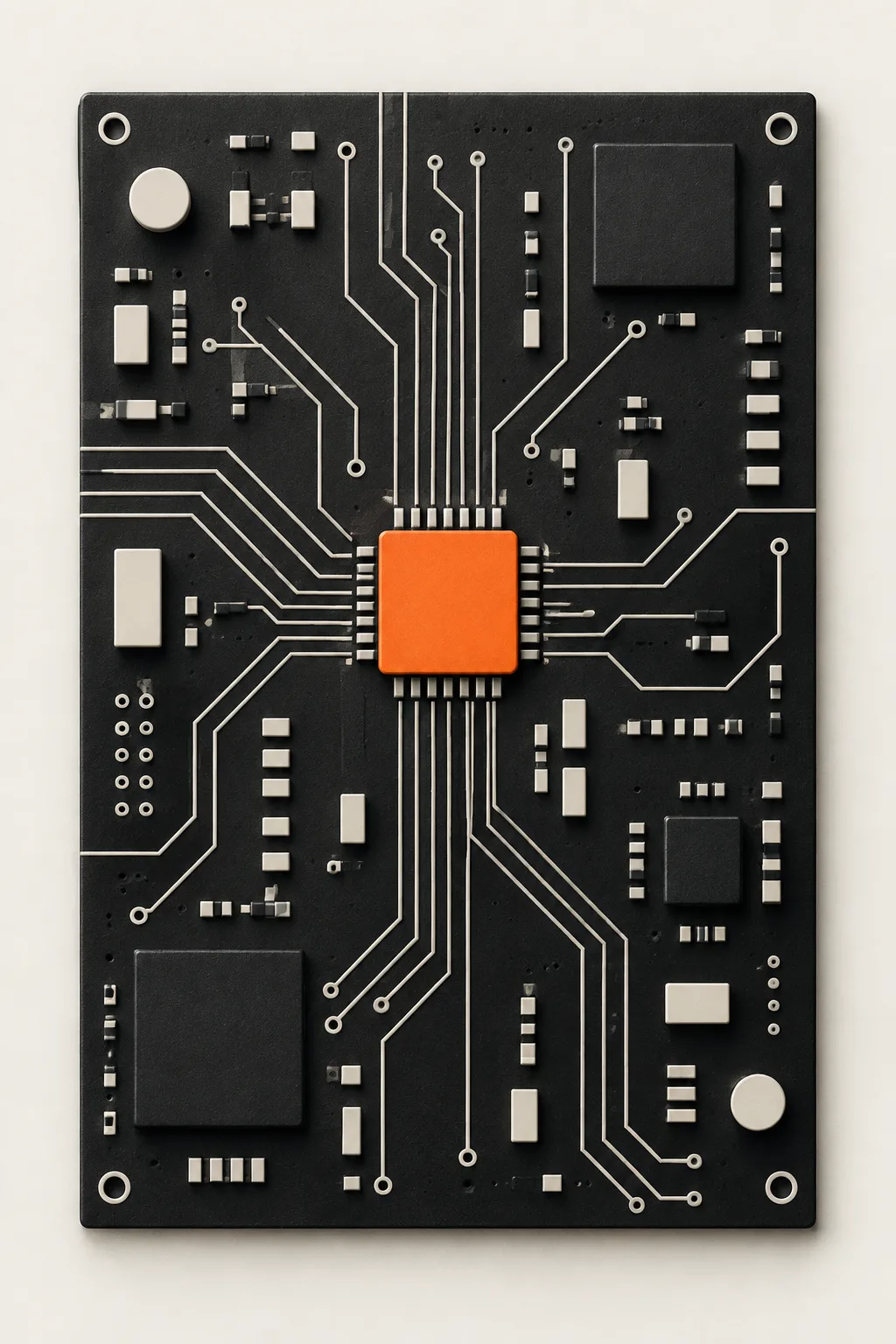 A black circuit board with an orange chip at its centre.