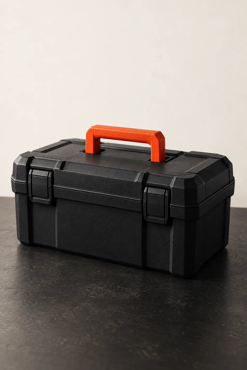 A black toolbox with an orange handle.