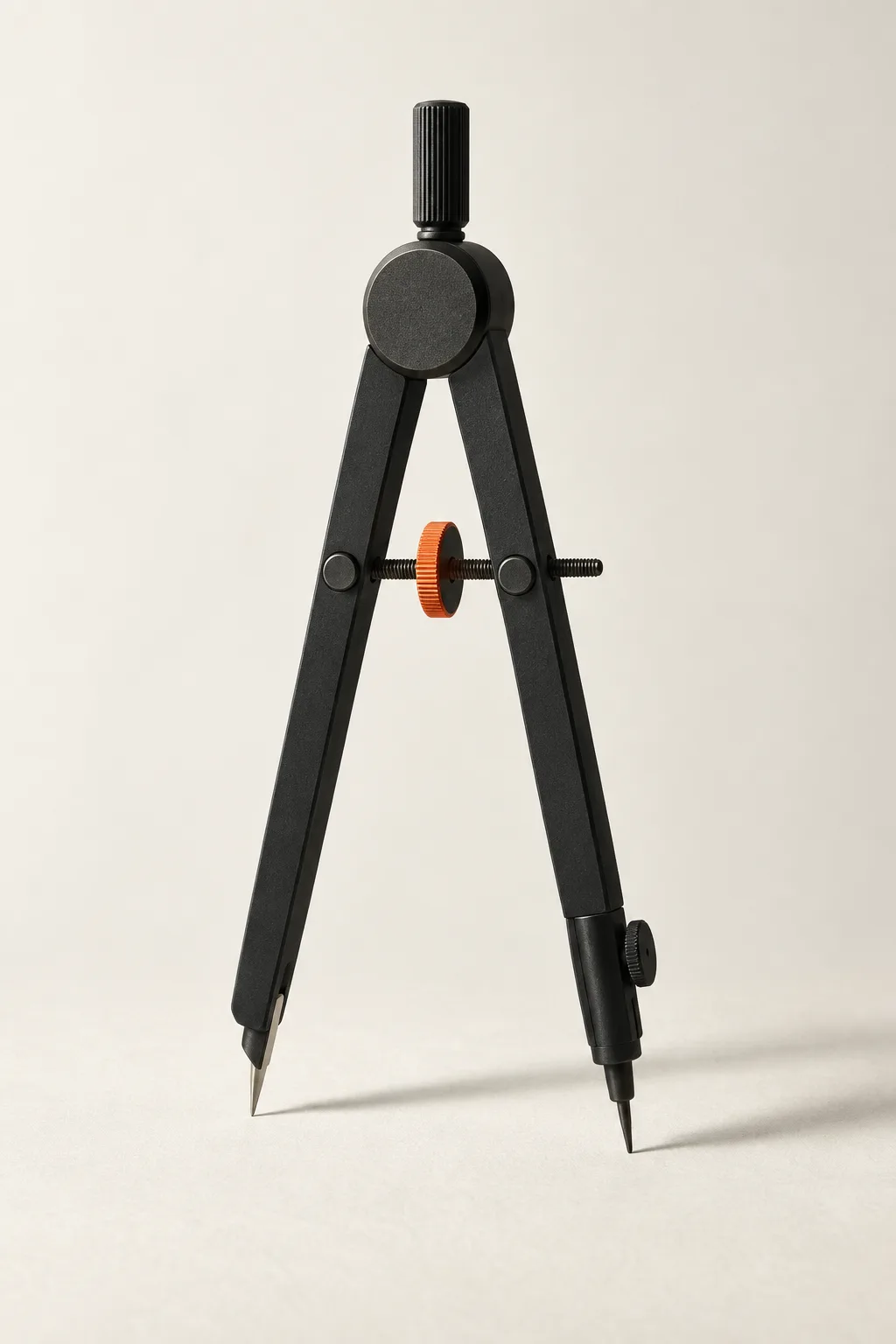 A black drawing compass with an orange adjustment wheel.