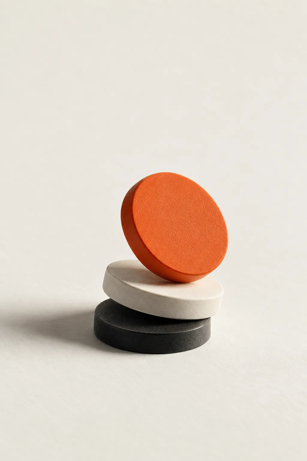 A stack of black, white and orange discs, like coins.