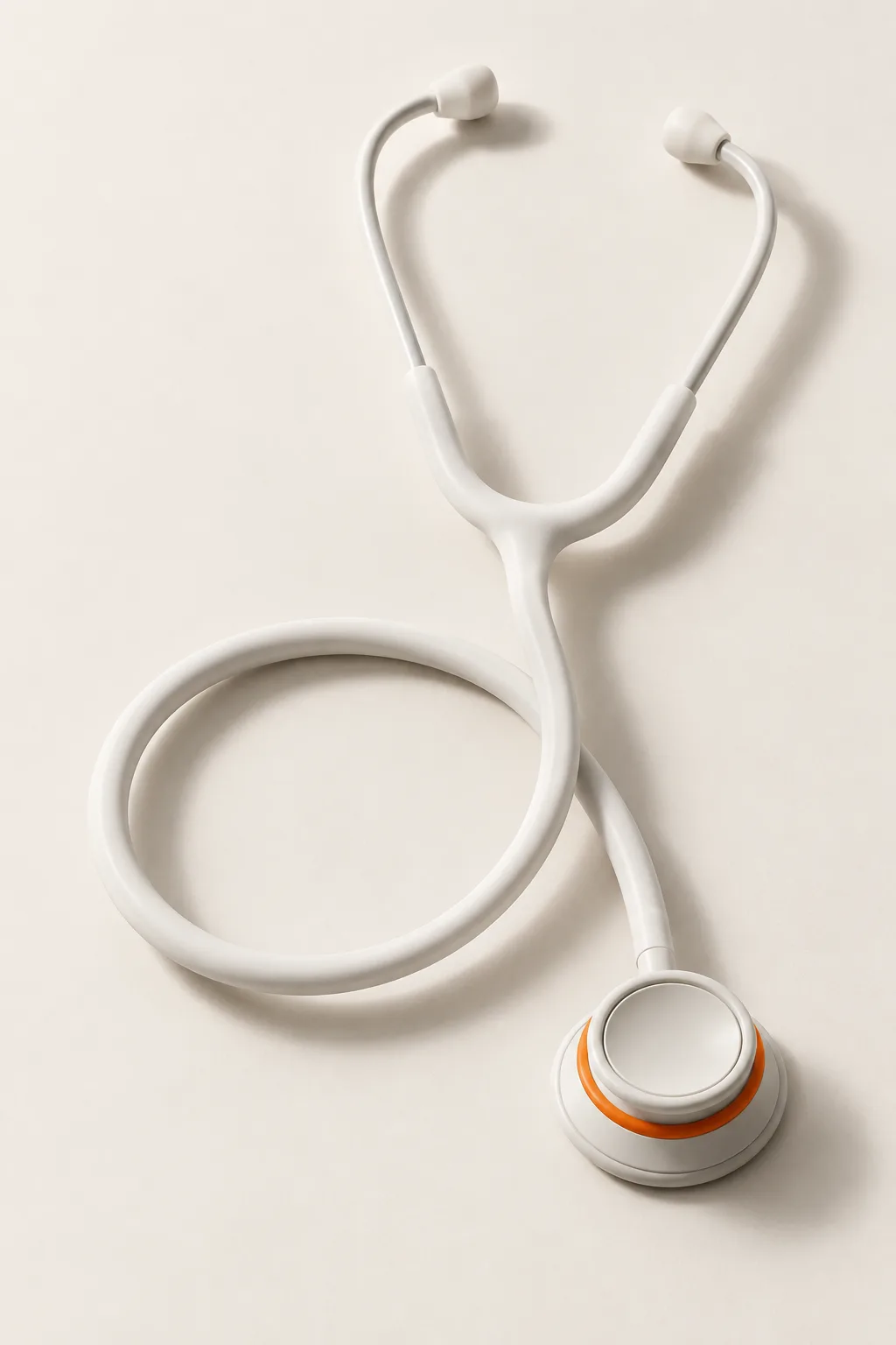 A white stethoscope with an orange ring on a paper background.