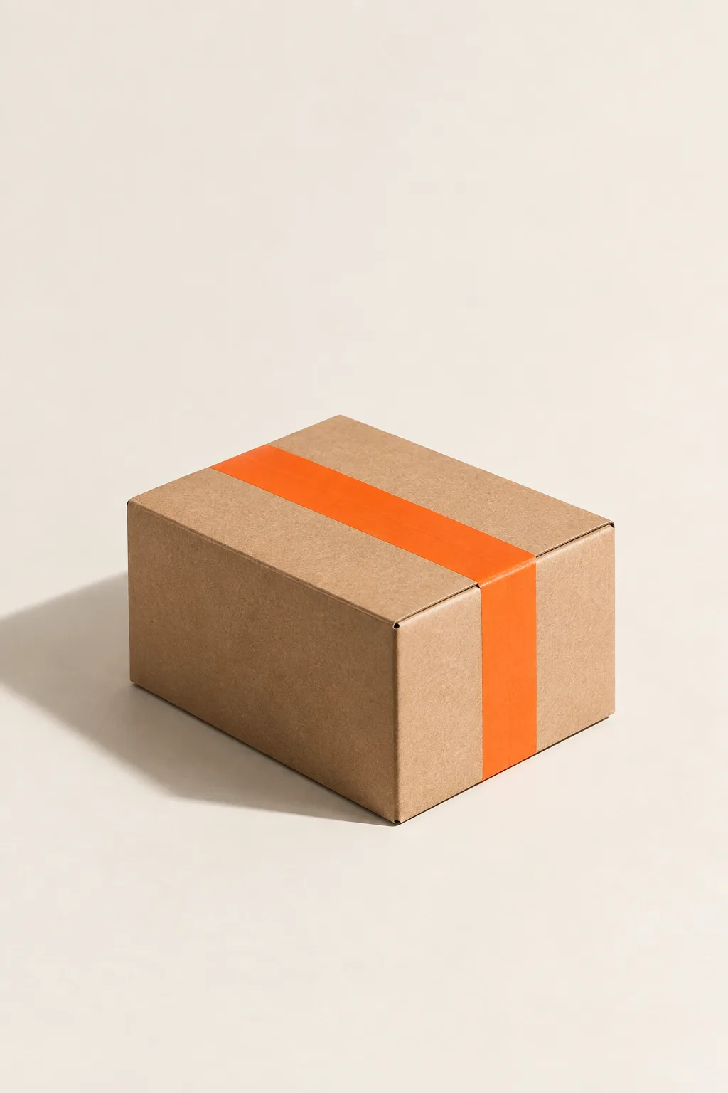 A small cardboard parcel sealed with orange tape.
