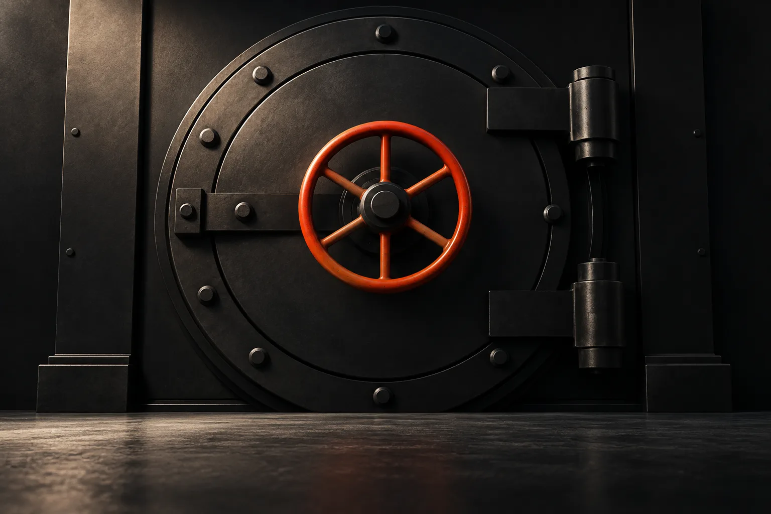 A black vault door with an orange handwheel.