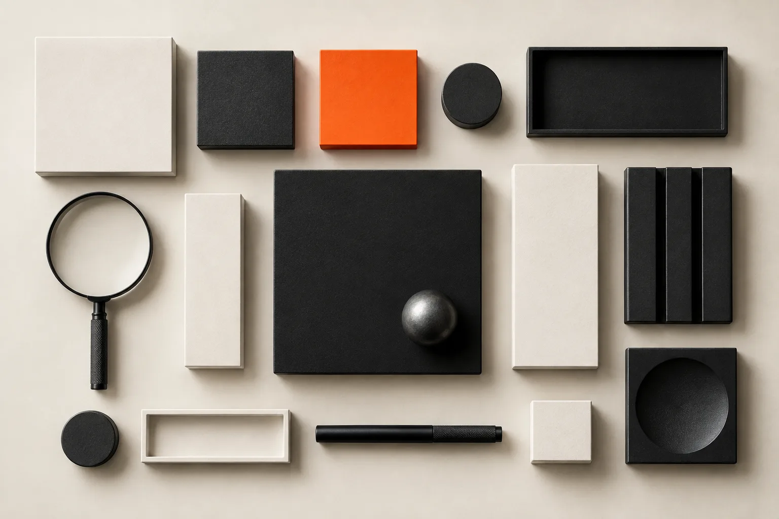 A flat lay of paper, black and orange blocks with a magnifying glass: a vacancy broken into search signals.