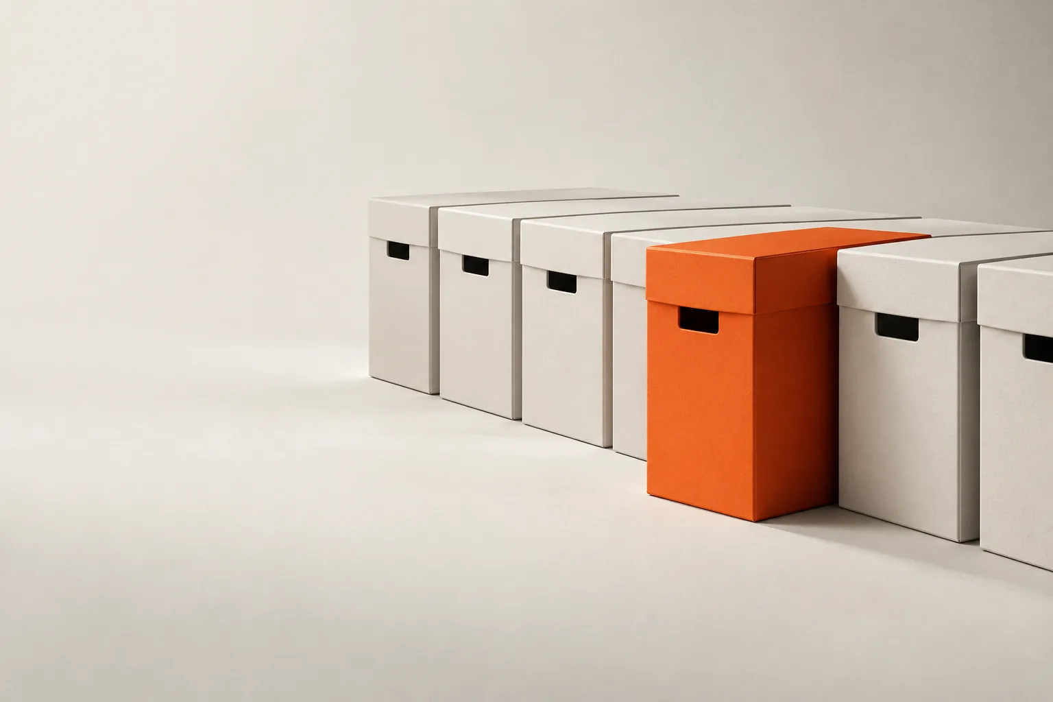 A row of white archive boxes with one orange box pulled forward.