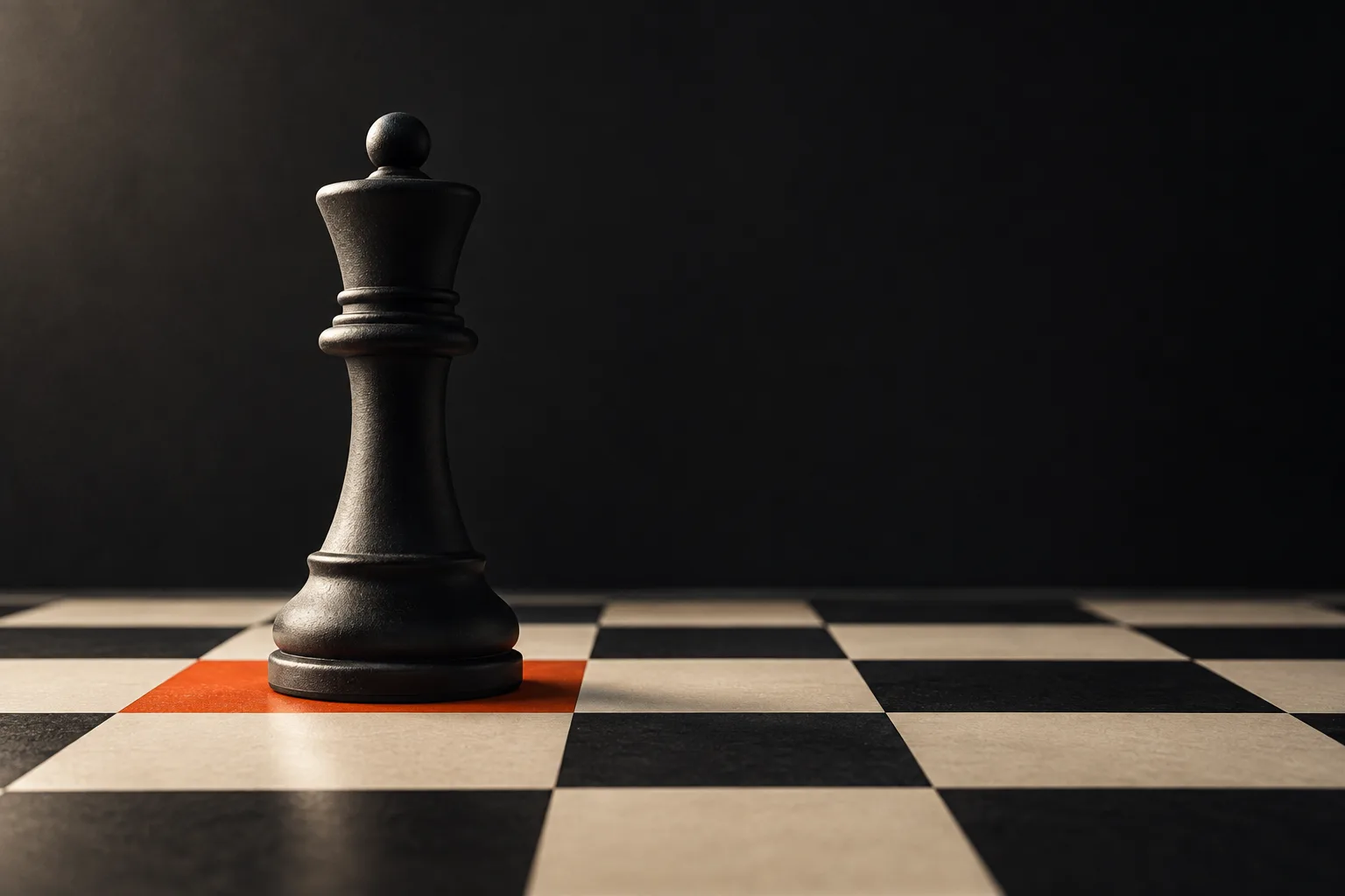 A black chess king on an orange square of a chessboard.