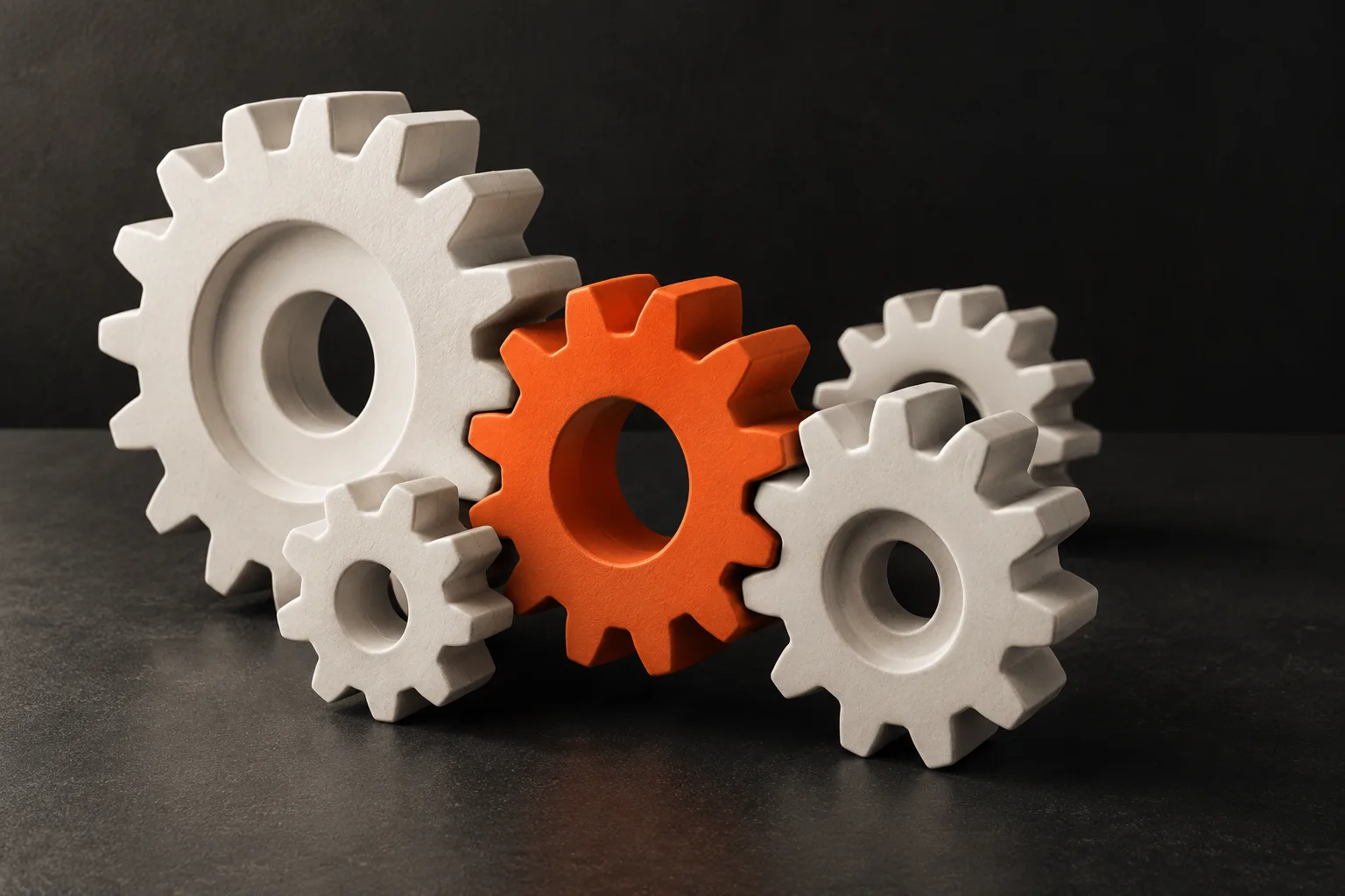 White gears turning together around one orange gear.